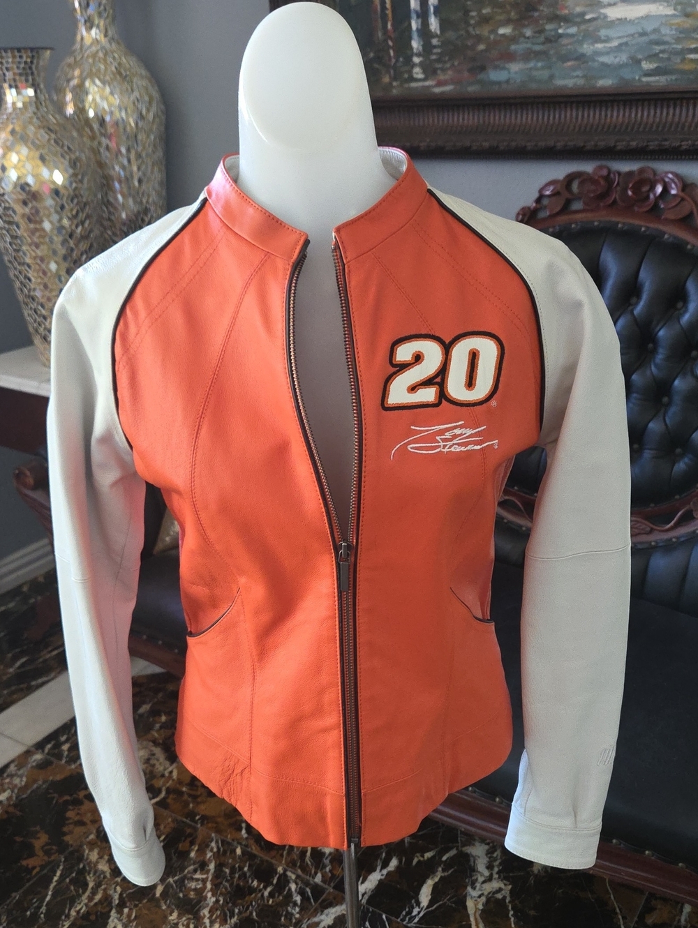 Wilsons Leather Orange and White Varsity Racer Nascar Jacket Genuine Leather.
